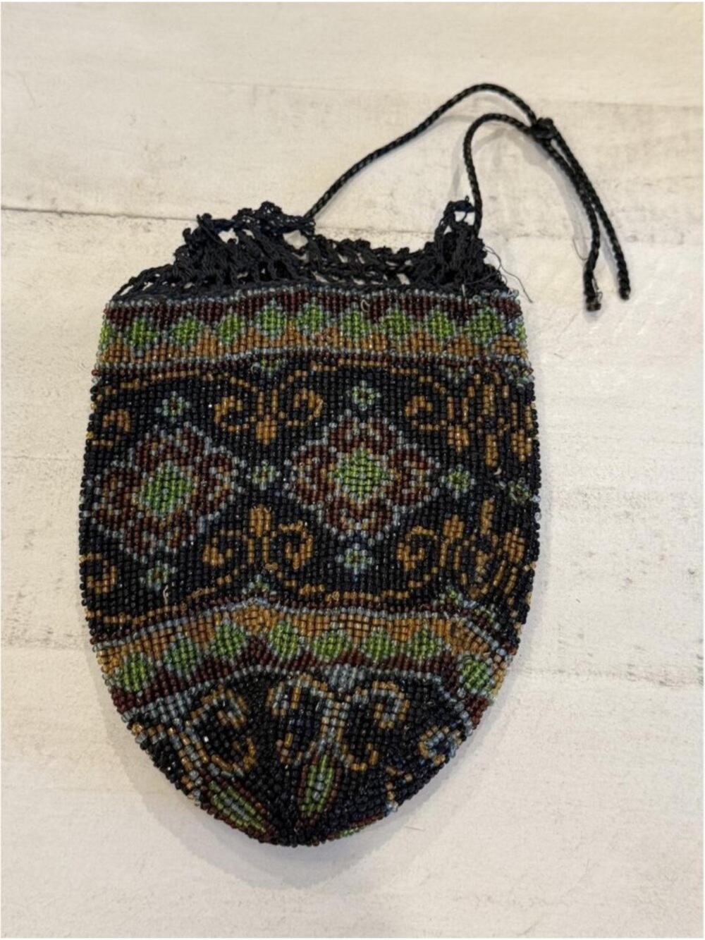 Vintage Beaded Drawstring Pouch Bag - Black with Multicolor Pattern